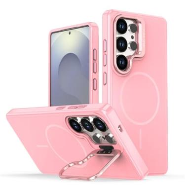 Imagem de POYUFRG Capa magnética para Samsung Galaxy S26 Ultra/S26 Plus/S26, capa fina fosca antiarranhões com proteção de lente de metal, capa de suporte, rosa, S26