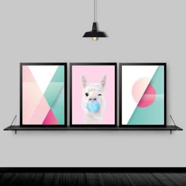 Imagem de Kit 3 Quadros Abstratos Lhama Chiclete 45X34 C/Vidro - Preta