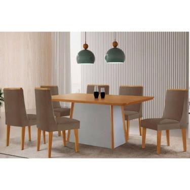 Imagem de Conjunto Sala de Jantar Tilia c/ Tampo Madeirado Canto Curvo 180x90cm e 6 Cadeiras Dakota Madeira Maciça Naturale/Off White - Capuccino/Suede Capuccin