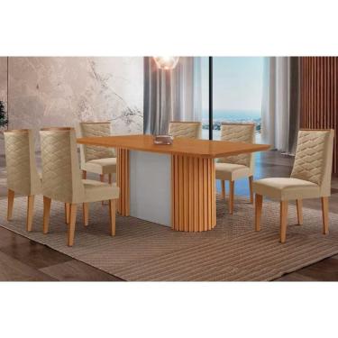 Imagem de Conjunto Sala de Jantar Pilar c/ Tampo Madeirado Canto Curvo 180x90cm e 6 Cadeiras Dafne Madeira Maciça Naturale/Off White - Capuccino/Linho Bege-Rufa