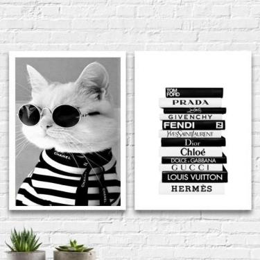 Imagem de Kit 2 Quadros Fashion Gatinho Livros Moda 24X18Cm