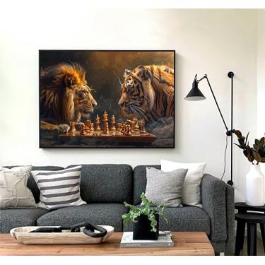 Imagem de Quadro Decorativo em Canvas Premium Leão vs Tigre Jogando Xadrez Sala Escritório 100x70 (02, Preto, 100x70)