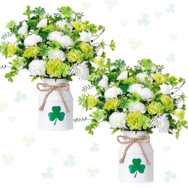 Imagem de Canlierr 10 peças de decoração de mesa de dia de São Patrício, cravo artificial, ramos de trevo de quatro folhas com vaso, arranjos florais verdes para festa em casa de fazenda