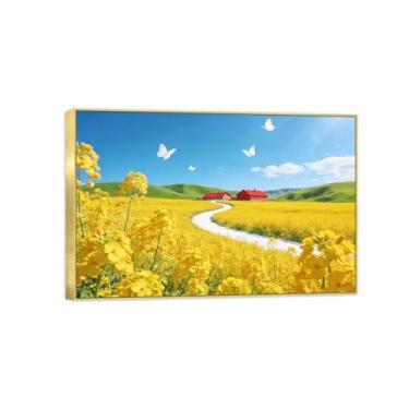 Imagem de Impressão em tela de paisagem pronta para pendurar - rio flores amarelas campo - pintura de arte de parede - decoração de casa moderna imagem moldura dourada 20 x 30 cm 8 x 12 pol