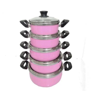 Imagem de Jogo De 5 Panelas Rosa Alumínio Grosso Com Tampa De Vidro