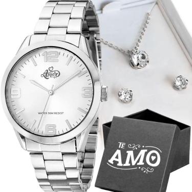 Imagem de Relogio Feminino Aço Inox Prata + Colar + Pulseira + Caixa Strass Qualidade Premium Original Social