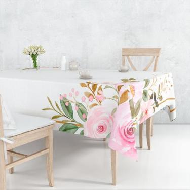 Imagem de Toalha De Mesa Retangular 6 Lugares Tecido Oxford Flores Rosa Moldura 