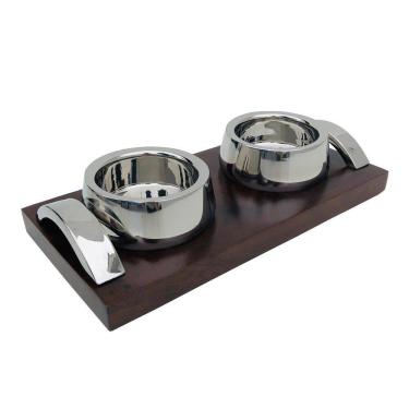 Imagem de Bebedouro Comedouro Pet De Madeira Alça De Inox E Tigela