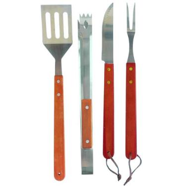Imagem de Kit Talheres Para Churrasco 4 Peças Lâminas de Aço Inox e Cabos de Mad