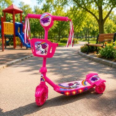 Imagem de Patinete Infantil Unicórnio 3 Rodas Cestinha Luz LED Rosa - IMPORTUDO