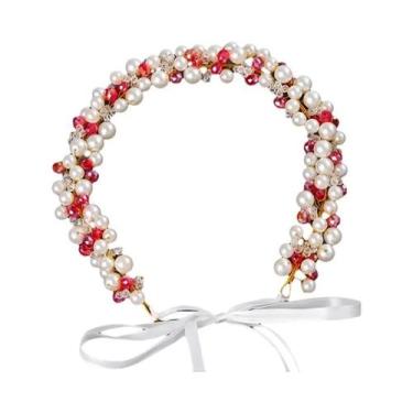 Imagem de Tiara De Flor De Cristal Vermelho Com Strass E Pérolas, Acessório De C