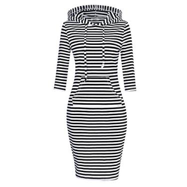 Imagem de MISSKY Vestido feminino com capuz listrado, manga 3/4, bolso canguru, preto e branco, GG