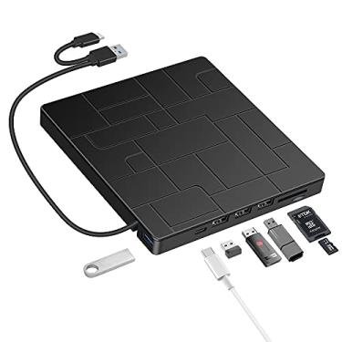 Imagem de Unidade de DVD externa, leitor de DVD USB 3.0 tipo-C com 4 portas USB e leitores SD para laptop, unidade de disco portátil, gravador de CD ROM compatível com laptop, desktop, PC, Windows, MacBook, Mac, Linux, Mac OS