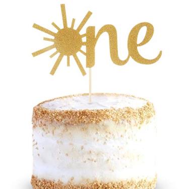 Imagem de Topo de bolo para bebês de 1º aniversário – Topo de banho dourado com brilho solar de primeiro aniversário, topo de bolo de aniversário unilateral para adereços de cabine de foto, artigos de decoração de bolos de festa