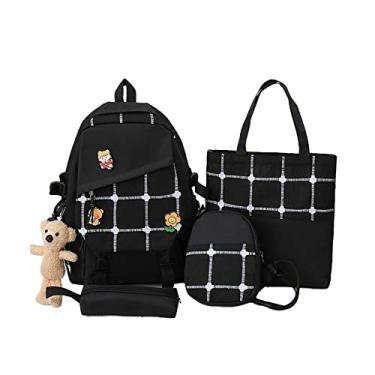 Imagem de Mochila universitária 4 peças mochila casual de lona com bolsa, bolsa de moedas, estojo de lápis, mochila xadrez com pingente de grande capacidade, preta, 1