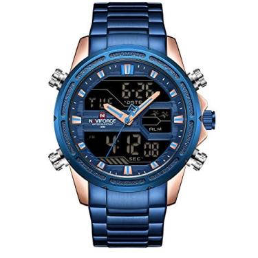 Imagem de Relógios masculinos à prova d'água, multifuncional, totalmente em aço inoxidável, analógico, digital, LED, quartzo, esportivo, relógios de pulso, Azul