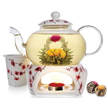 Imagem de Teabloom Conjunto de chá de flor de cerejeira e chá de floração – Chaleira de vidro segura para fogão (800 ml/2-3 xícaras), tampa de porcelana, infusor de chá solto, aquecedor de chá + vela, 2 chás de floração gourmet