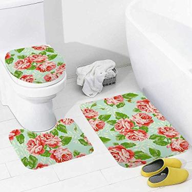 Imagem de Conjunto de tapetes de banheiro e 3 peças de flores rosas, tapete de banheiro de espuma viscoelástica lavável antiderrapante tapete e tampa para banheiro