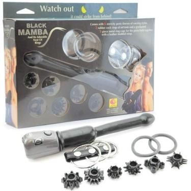 Imagem de Kit Vibrador Rotativo E Anéis Peniano Preto Black Mamba