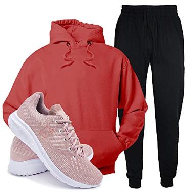 Imagem de Conjunto Blusa e Calça Moletom + Tenis Academia Casual Conforto - Vermelho/Rosa - P/39