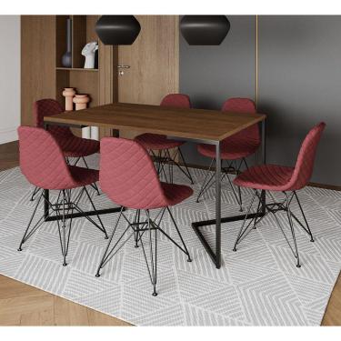 Imagem de Mesa Industrial Retangular Base V 137x90cm Amêndoa 6 Cadeiras Eames Aço Preto Estofadas Vermelhas