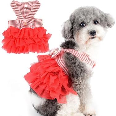 Imagem de Zunea Vestidos listrados para cães pequenos meninas verão tutu vestido de princesa com laço em camadas tule cães vestidos de festa de aniversário elegante suspensório roupas de filhote colete saia