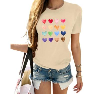 Imagem de Woffccrd Camisetas femininas Love Heart de manga curta com gola redonda e estampa de coração colorido, Bege 1, M