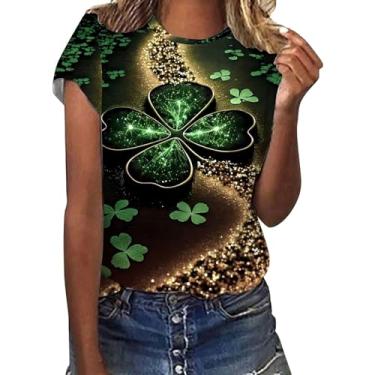 Imagem de Camiseta feminina do Dia de São Patrício Lucky Shamrock, túnica verde, moderna, casual, manga curta, Dourado, XXG