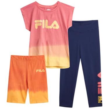 Imagem de Fila Conjunto de leggings esportivas para meninas - camiseta de desempenho de 3 peças, calças de ioga e shorts de bicicleta - conjunto esportivo para meninas (P-GG), Rosa coral/azul-marinho, M
