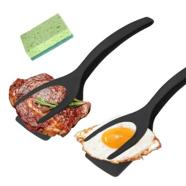 Imagem de Espátula de ovo 2 em 1, pinça flip de silicone para ovo frito, espátula dupla face, pá de cozinha antiaderente multiuso para torradas de panqueca de pão de peixe (A) (preto-2 peças + esponja)