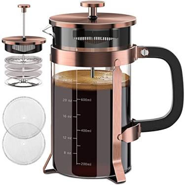 Imagem de QUQIYSO Cafeteira French Press de aço inoxidável 304 com 4 filtros, resistente ao calor, durável, fácil de limpar, prensa de vidro borossilicato, bule de chá 100% livre de BPA (cobre)