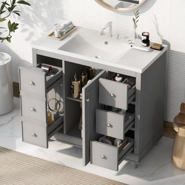 Imagem de Armário de banheiro cinza contemporâneo - 91 x 45 x 86 cm, 4 gavetas e 1 porta de armário, armazenamento multiuso, pia integrada de resina, prateleiras ajustáveis, moldura de madeira maciça com MDF