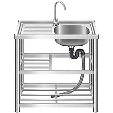 Imagem de Pia de cozinha de aço inoxidável, pedestal de aço inoxidável 201, tigela única com pia com mesa, 3 camadas, torneira 360 °, banheiro, garagem, armazém, bacia única direita, B