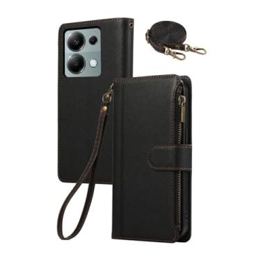 Imagem de Carteira de alça de pulso crossbody com suporte de cartão capa de telefone para Xiaomi 14 Note 13 12 12T 13T Pro Plus 13C Lite capa de couro, preta, para POCO C65