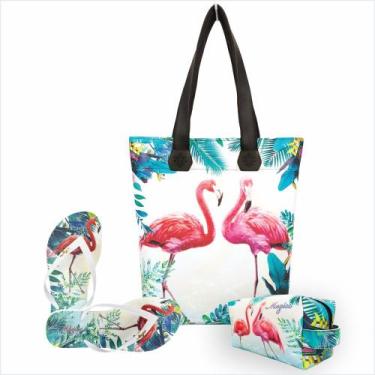 Imagem de Kit Tropical Feminino Flamingos com Bolsa, Necessaire e Chinelo, Magic