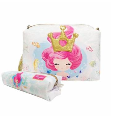 Imagem de Kit Infantil Bolsa e Estojo Sereia Com Coroa Dourada, Magicc Bolsas
