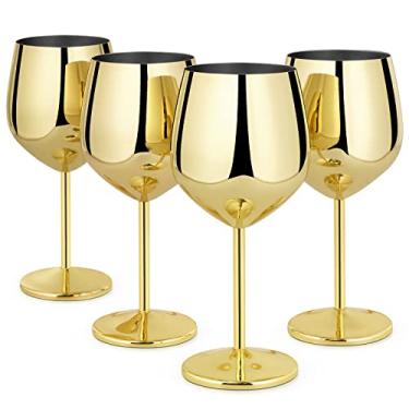 Imagem de Lifecapido Conjunto de 4 taças de vinho de aço inoxidável, taças de vinho de aço inoxidável de 530 ml, taças de vinho de metal com haste com escova para festa de escritório e casamento, ótimo para vinho tinto branco (ouro)