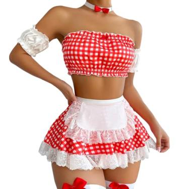 Imagem de WDIRARA Lingerie feminina xadrez de renda com babados conjunto de fantasia com gargantilha e meia de malha vermelha e branca GG
