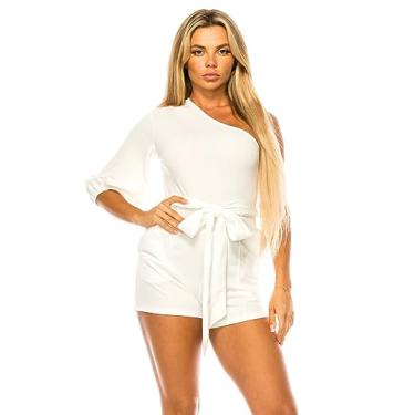 Imagem de Stylish FABRIC Macacão feminino de uma peça, manga comprida, ombro de fora, curto, sexy, macacão, vestido casual, Off-white, M