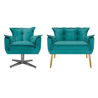 Imagem de Kit Namoradeira e Poltrona Opala Base Giratória de Metal Sala de Estar