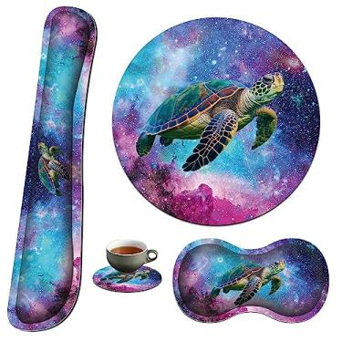 Imagem de Apoio de pulso para teclado e mouse pad e suporte para descanso de pulso e porta-copos, base de borracha antiderrapante com espuma de memória ergonômica elevada para computador, laptop, casa, escritório, tartaruga galáxia