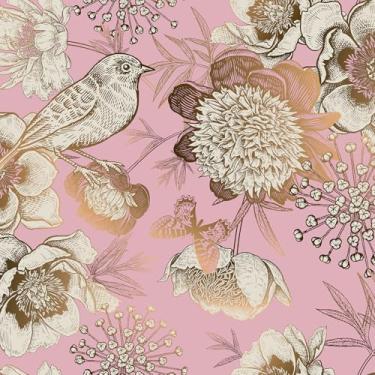Imagem de VEELIKE Papel de parede dourado pássaro vintage borboletas penoies mural de parede autoadesivo luxo rosa papel de parede floral para quarto de meninas banheiro 43 cm x 38 cm papel de contato rosa