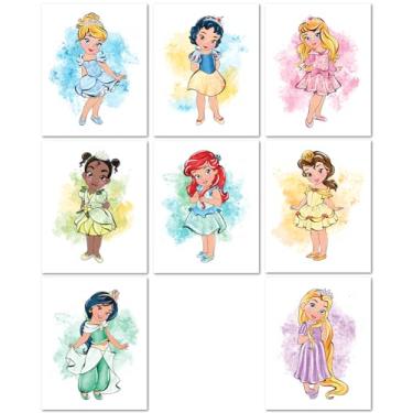 Imagem de Nistio® Pôsteres de princesa bebê para decoração de quarto de meninas, arte de berçário com Cinderela, Ariel e Bela, arte de parede de princesa para crianças, sem moldura, conjunto de 8 (8 x 10)