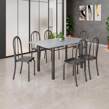 Imagem de Conjunto de Mesa Tubular 140cm X 75cm Tampo em Granito Ocre com 6 Cadeiras Iris B Preto / Prata