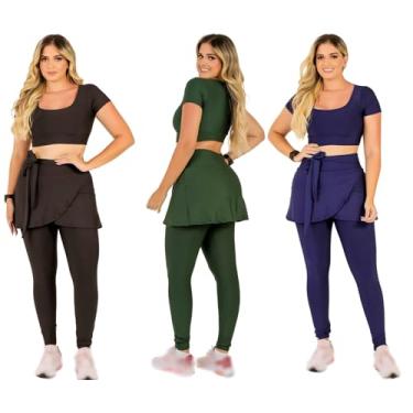 Imagem de Kit 3 Conjuntos Feminino Fitness Calça Legging Com Saia E Bolso e Top Cropped Treino Academia Caminhada The Start (Padrão, Preto-Verde-Marinho, G)