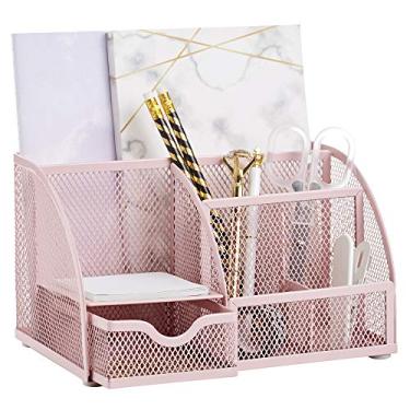 Imagem de Annova Organizador de mesa de malha para escritório com 7 compartimentos + gaveta/mesa organizado para doces/porta-canetas/organizador multifuncional (Light Pink)