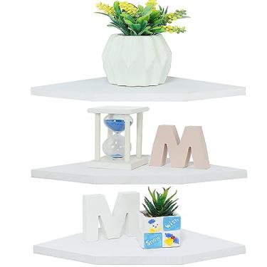 Imagem de DUICIRX Prateleiras de parede de canto, prateleiras flutuantes de canto de madeira com pista de cabo, exibição de armazenamento de parede para acessórios de TV, monitor, alto-falante, caixa de cabo,