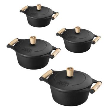 Imagem de Jogo de Panelas 4 Peças em Ferro Fundido e Alça de Madeira Panela Mine