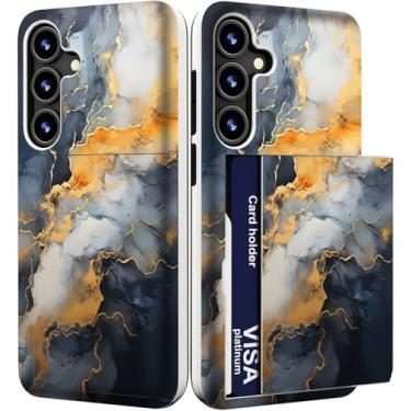 Imagem de IWONE Capa compatível com Samsung Galaxy S24 FE fofa com porta-cartões/S24FE Slim Slot Wallet Phone Cover/Cinza Amarelo Mármore Pedra Natural Redemoinhos Pintura