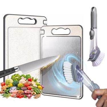 Imagem de Tábua de corte dupla face de titânio 4 em 1 atualizada – Tábua de cozinha de metal de 36,8 cm, grande e segura para lava-louças, ideal para carne e mais, inclui cerdas de escova de limpeza e esponja
